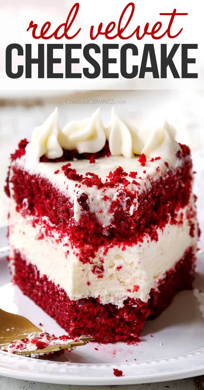 up close of a slice of red velvet cheesecake on a white plate with a bite take out of it