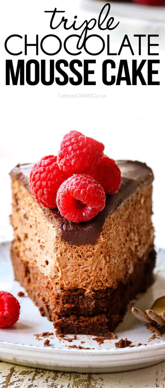 up close front view of a slice of Chocolate Mousse Cake recipe showing how cream it is