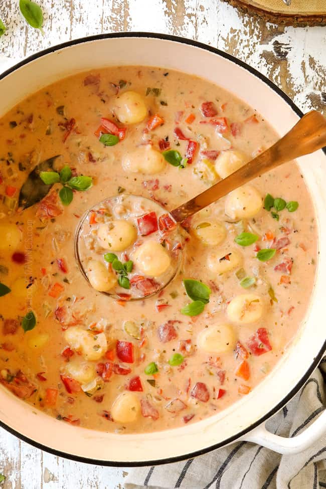 top view of gnocchi soup recipe  in a white soup pot