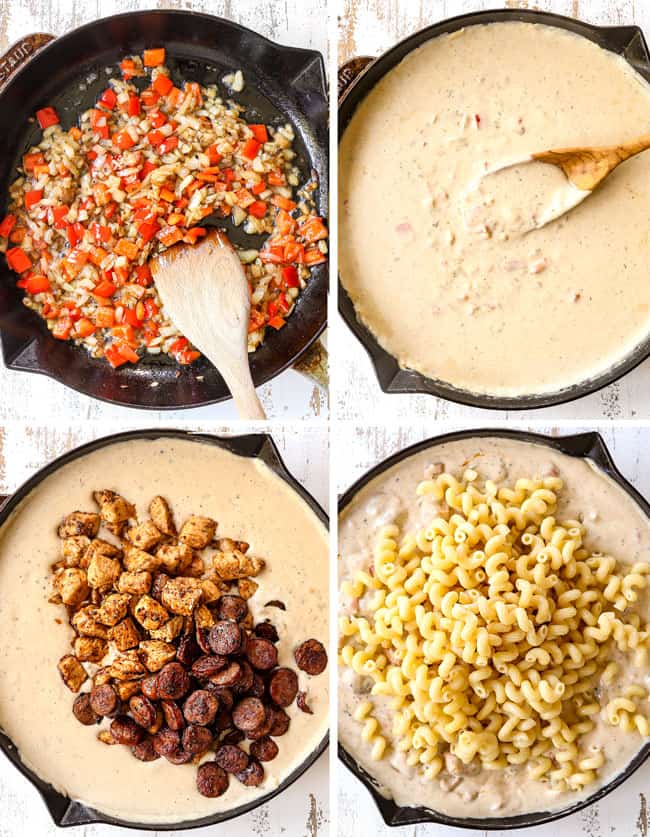 a collage showing how to make Cajun Chicken Alfredo by 1) cooking onions, bell peppers and garlic, 2) making Alfredo sauce with a roux, half and half and Parmesan cheese, 3) adding chicken and sausage to Alfredo, 4) adding pasta to Alfredo sauce 