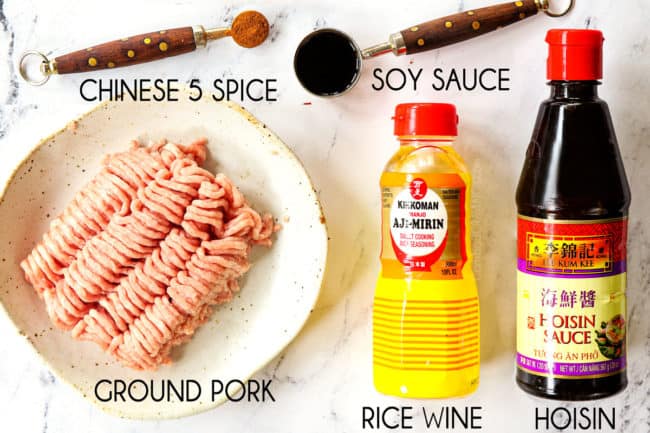 showing how to make Dan Dan Noodles recipe by lining up pork ingredients:  ground pork, hoisin sauce, soy sauce, rice wine, Chinese 5 spice