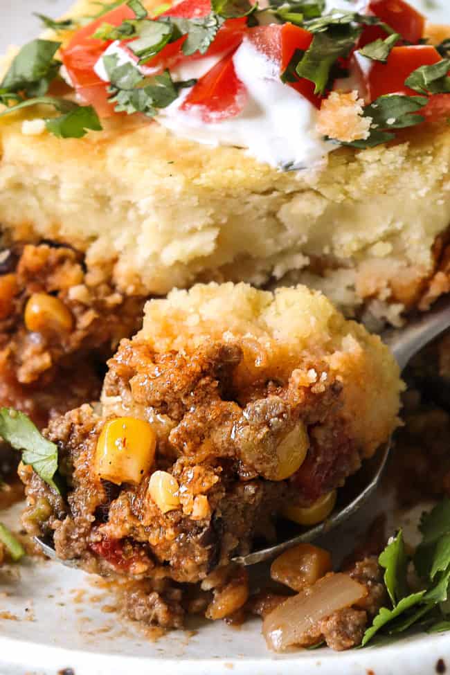 up close of a bite of tamale pie 