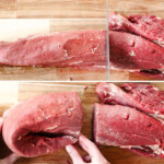 a collage showing how to cook beef tenderloin by slicing it in half then folding the narrow tail end under