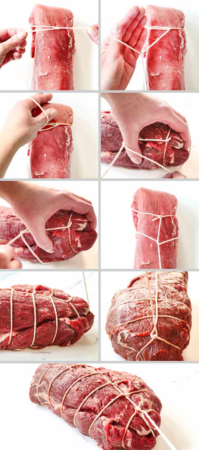 a detailed collage showing how to tie beef tenderloin with kitchen twine