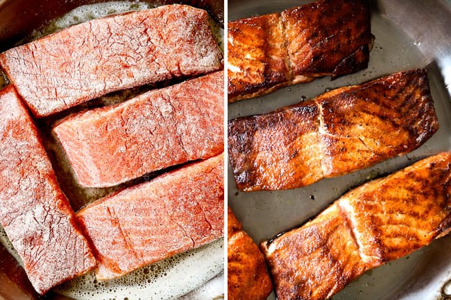 a collage showing how to make Tuscan salmon by  searing salmon in stainless steel skillet