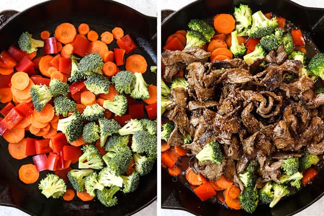 a collage showing how to make beef teriyaki recipe by stir frying carrots, broccoli and bell peppers then adding beef