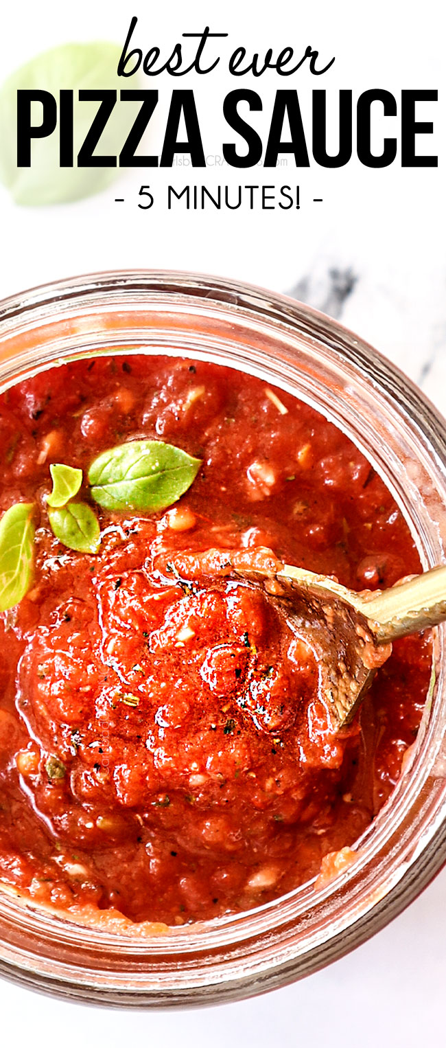 top view of best pizza sauce in a glass jar with a gold spoon