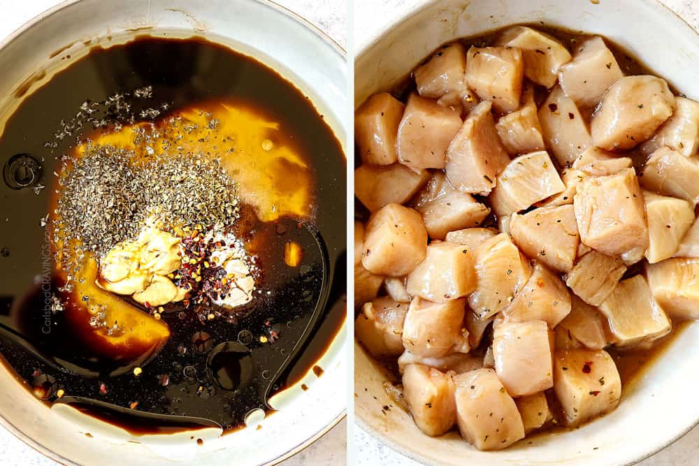 a collage showing how to make balsamic chicken by whisking all of the balsamic sauce together in a bowl then marinating chicken in part of the sauce