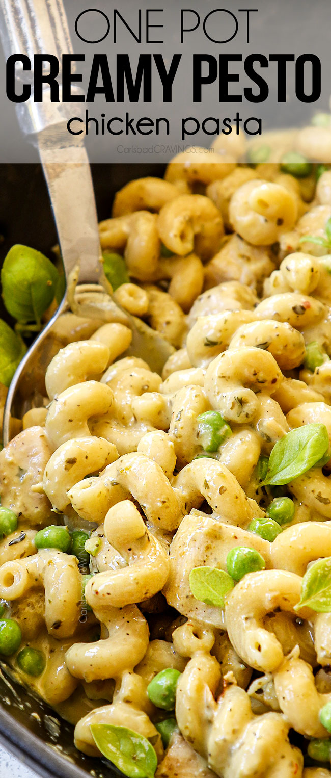 up close of of a scoop of chicken pesto pasta showing how creamy it is