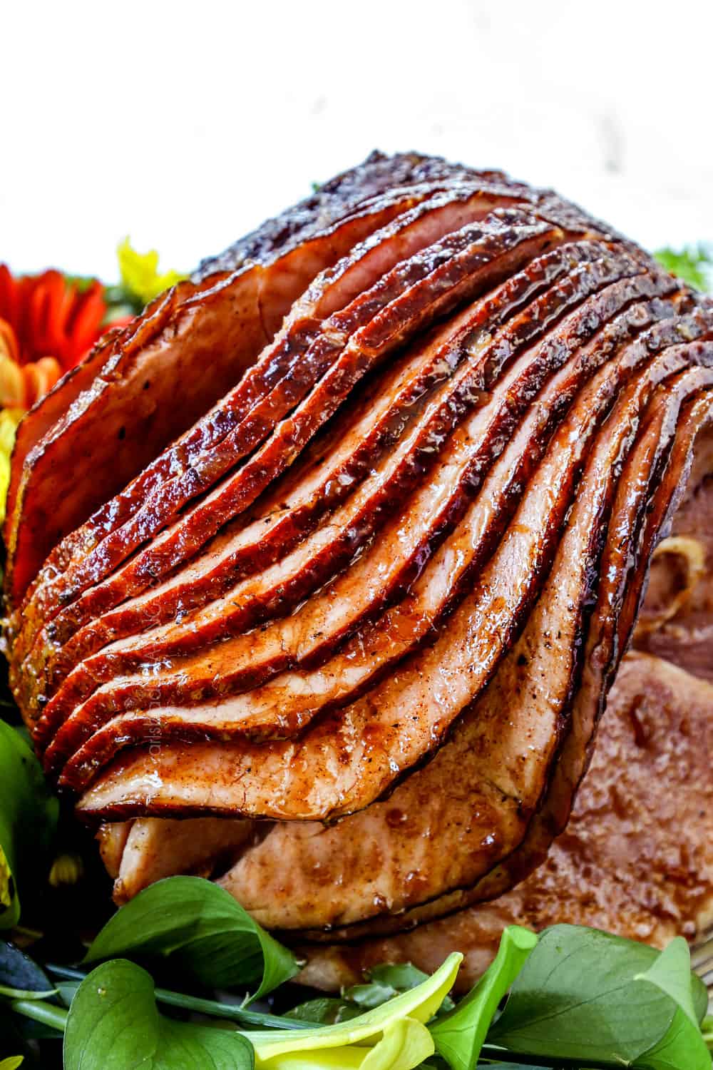 up close of pineapple ham showing the caramelized edges
