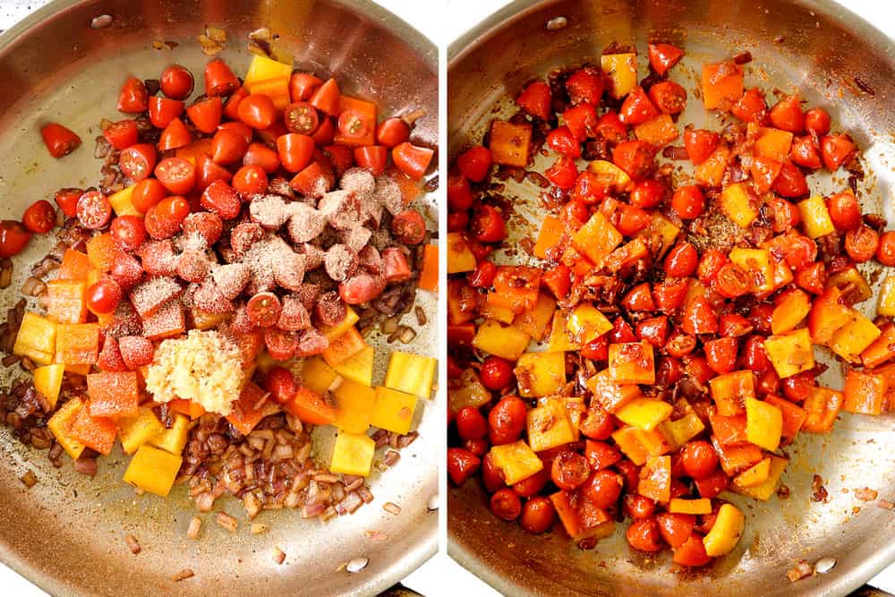 a collage showing how to make Cajun chicken recipe by sautéing bell peppers, onions, garlic and tomatoes in a stainless steel skillet