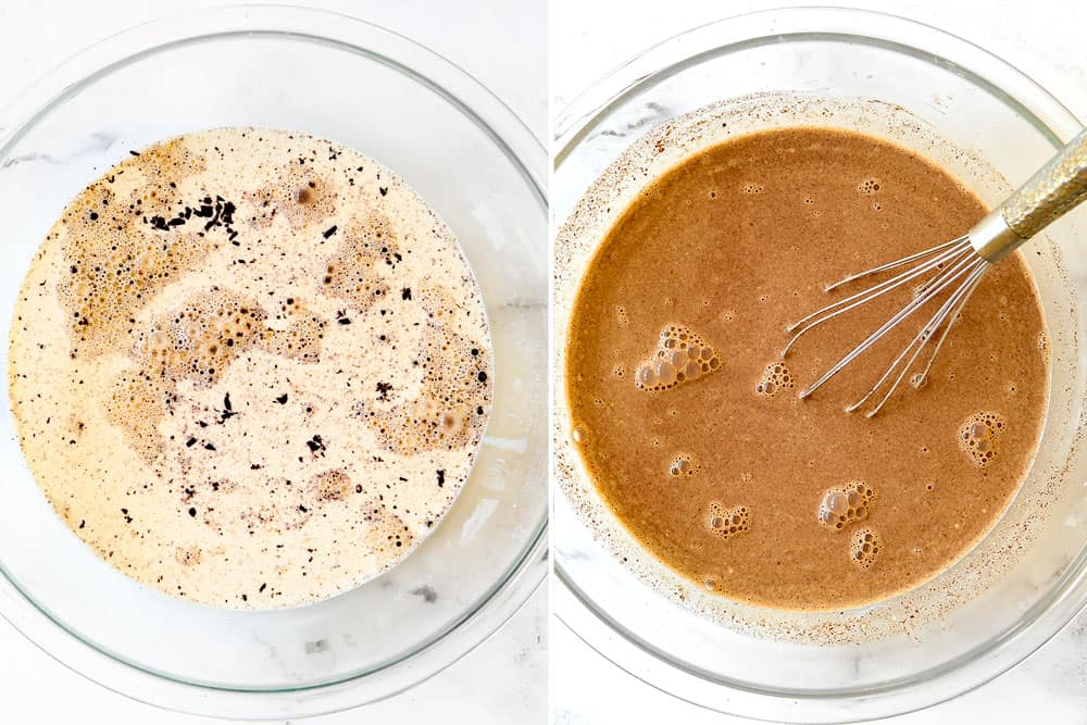 a collage showing how to make chocolate bread pudding by melting chocolate in a glass bowl with half and half then mixing until smooth