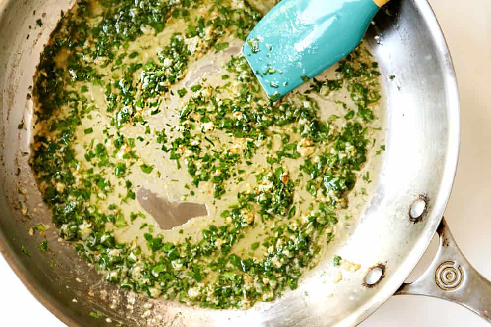 showing how to make easy cilantro lime shrimp recipe by cooking garlic in butter in a skillet then adding lime juice and cilantro to make sauce