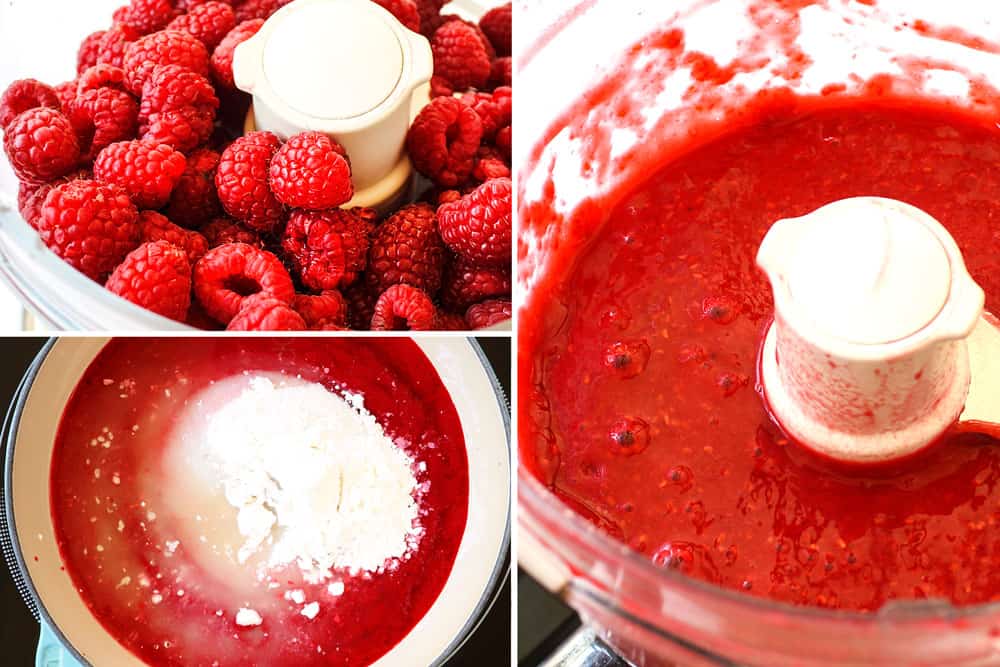 a collage showing how to make white chocolate cake by pureeing raspberries in a food processor