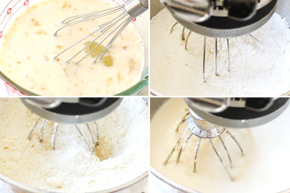 a collage showing how to make white chocolate cake by mixing flour with butter