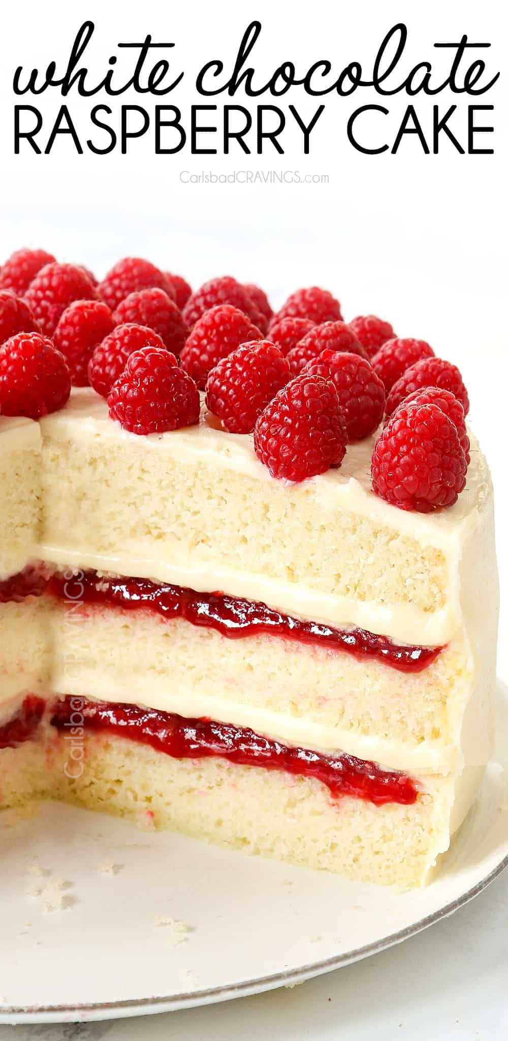up close of white chocolate raspberry cake