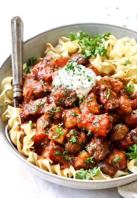 a bowl of Hungarian Goulash recipe with egg noodles