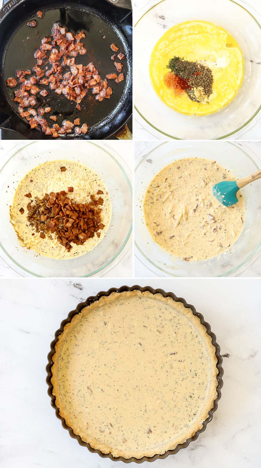 a collage showing how to make quiche Lorraine by 1) cooking bacon, 2) beating eggs and spices in a bowl, 3) adding bacon, onions and Gruyere to filling, pouring the filling into a quiche pan