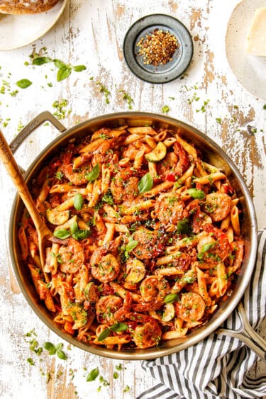 Shrimp with Pasta in Garlic Tomato Cream Sauce - Carlsbad Cravings