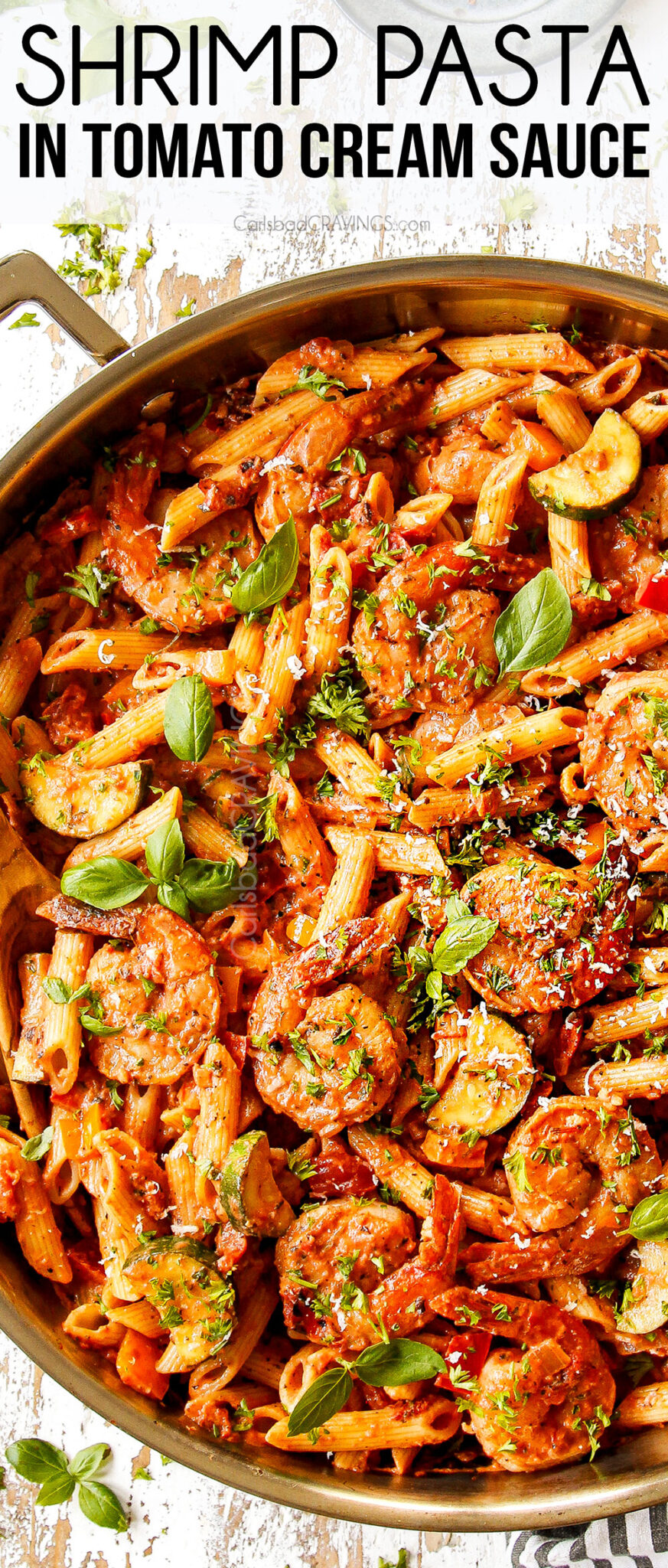 Shrimp with Pasta in Garlic Tomato Cream Sauce - Carlsbad Cravings
