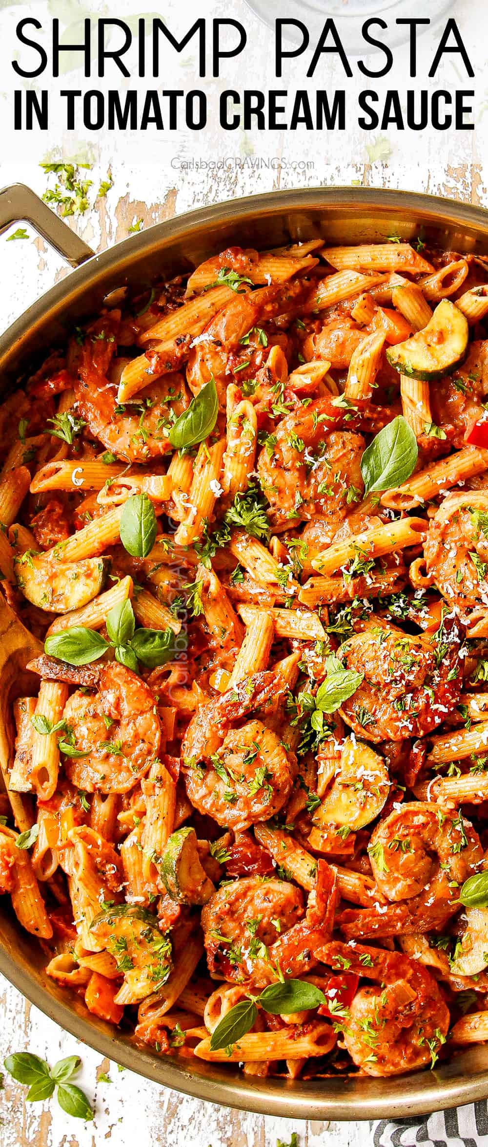 top view of shrimp pasta recipe with tomatoes