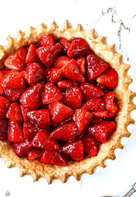 top view of strawberry pie recipe in a pie crust