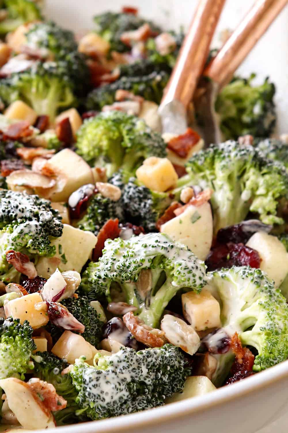 up close of broccoli bacon salad recipe showing howcreamy it is