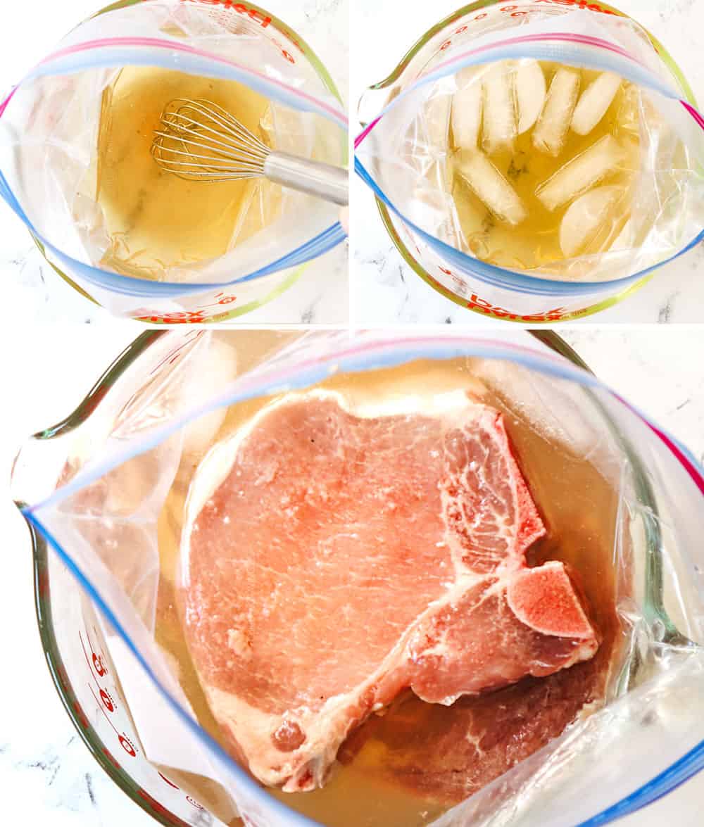 a collage showing how to brine pork chops for grilling