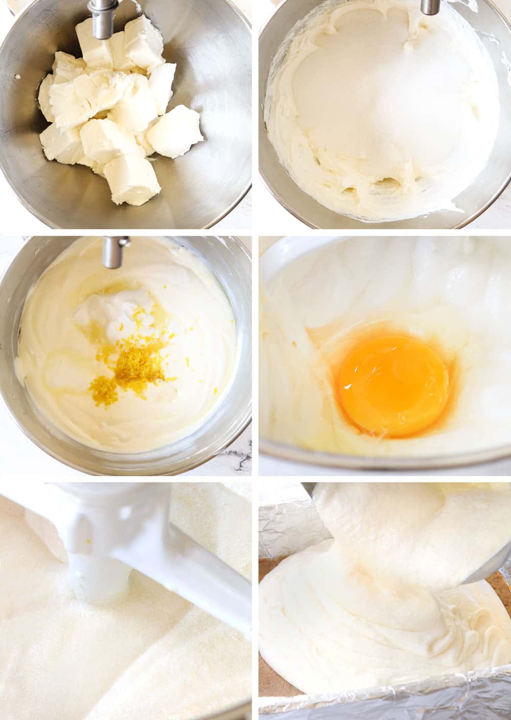 a collage showing how to make lemon cheesecake bars by 1) beating cream cheese in an electric mixer, 2) adding sugar, 3) adding eggs, 4) beating until smoot, 5) pouring cheesecake on crust