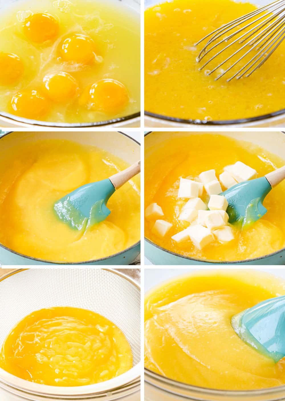 a collage showing how to make lemon cheesecake bars by 1) whisking egg yolks, sugar and lemon juice together, 2) simmering the lemon curd until thickened, 3) adding butter to melt, 4) straining lemon curd
