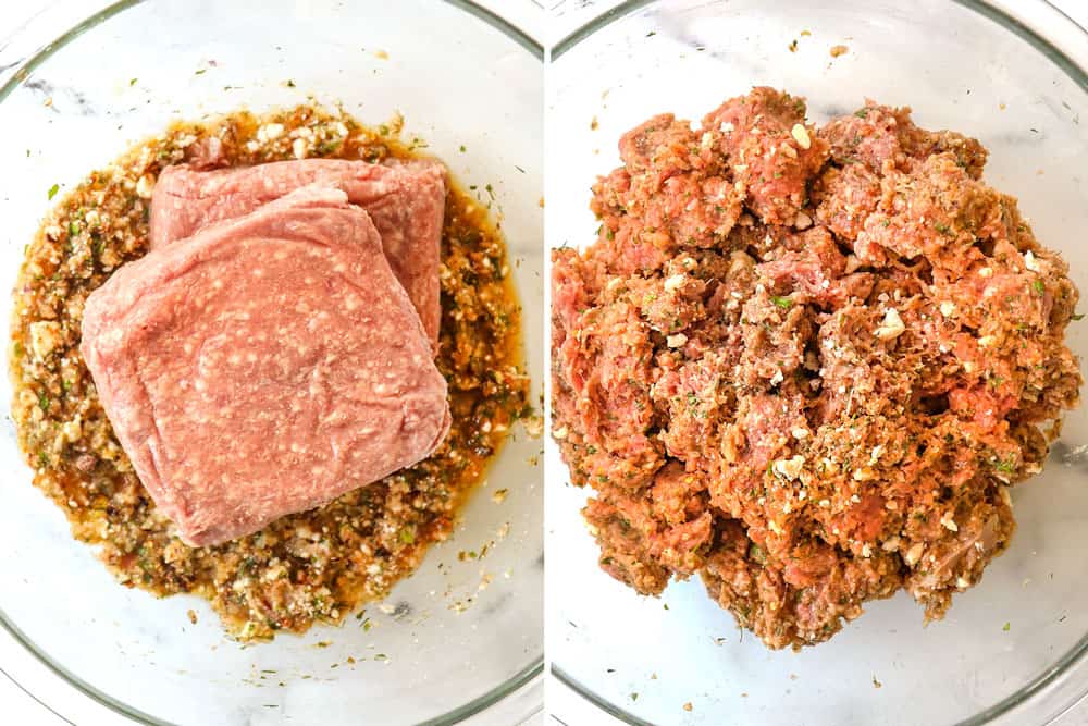 a collage showing how to make Greek burgers with lamb by mixing lamb into the herb, egg, breadcrumb mixture