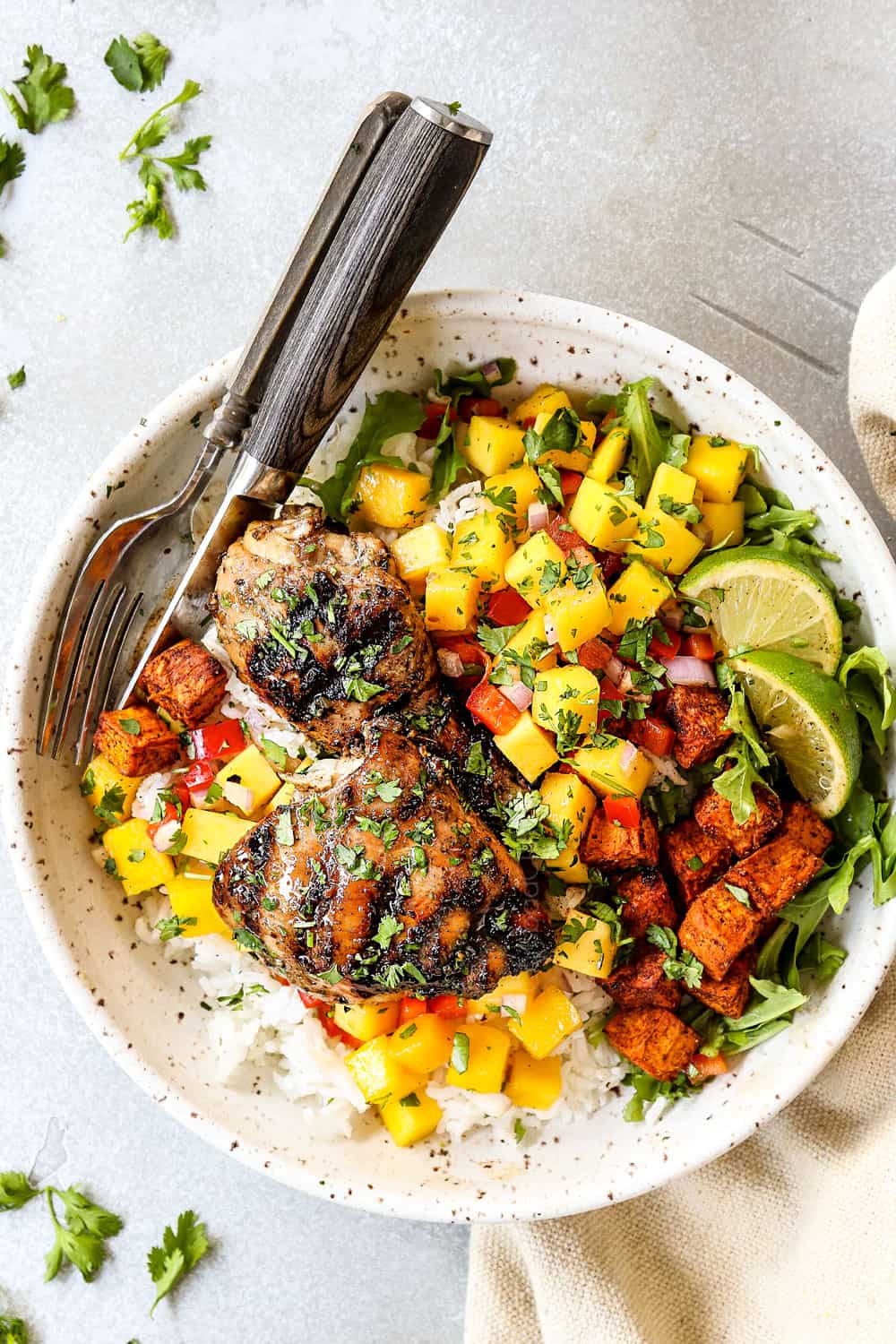 top view of Jamaican Jerk Chicken served with mango salsa, coconut rice and sweet potatoes