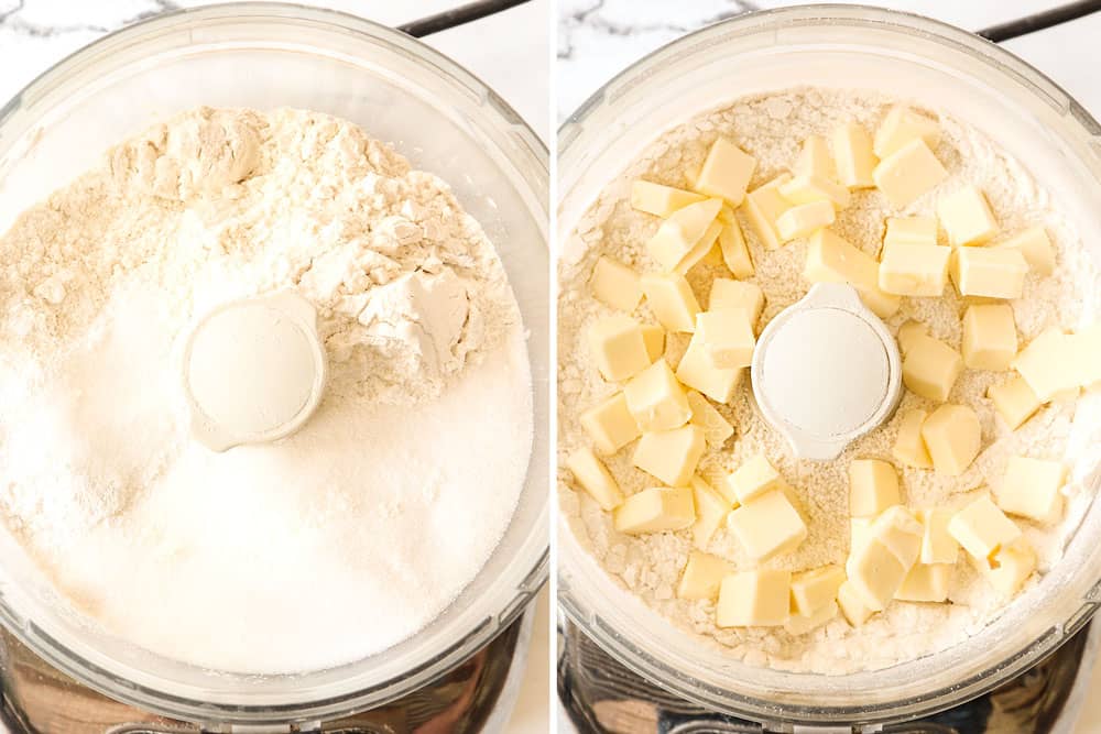 a collage showing how to make peach cobbler by mixing flour, sugar, baking powder and salt in a food processor then adding butter