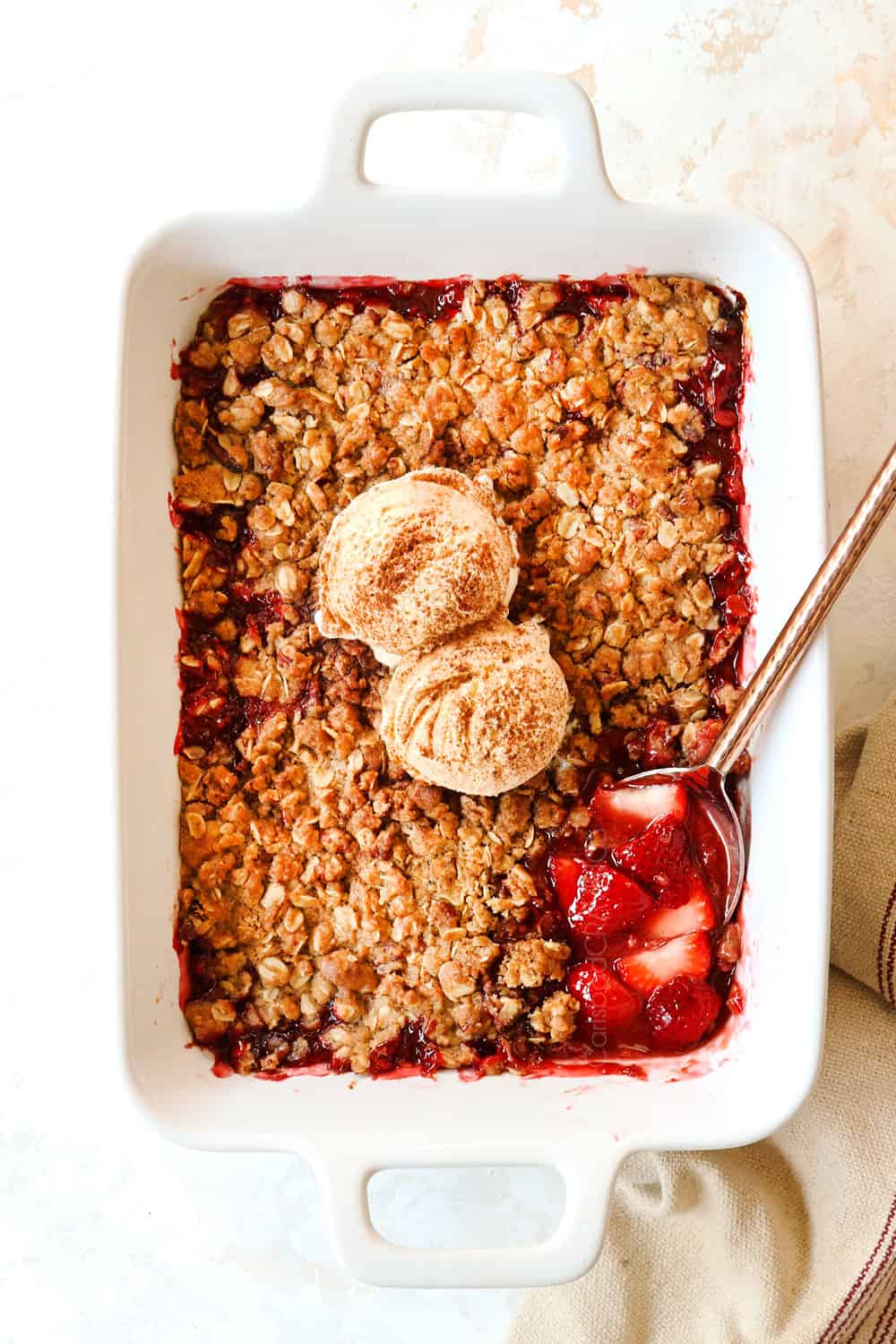 top view of strawberry crisp recipe made with fresh or frozen strawberries