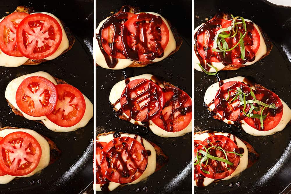 a collage showing how to make chicken Caprese recipe by layering the mozzarella with tomatoes, basil and balsamic glaze (balsamic reduction)