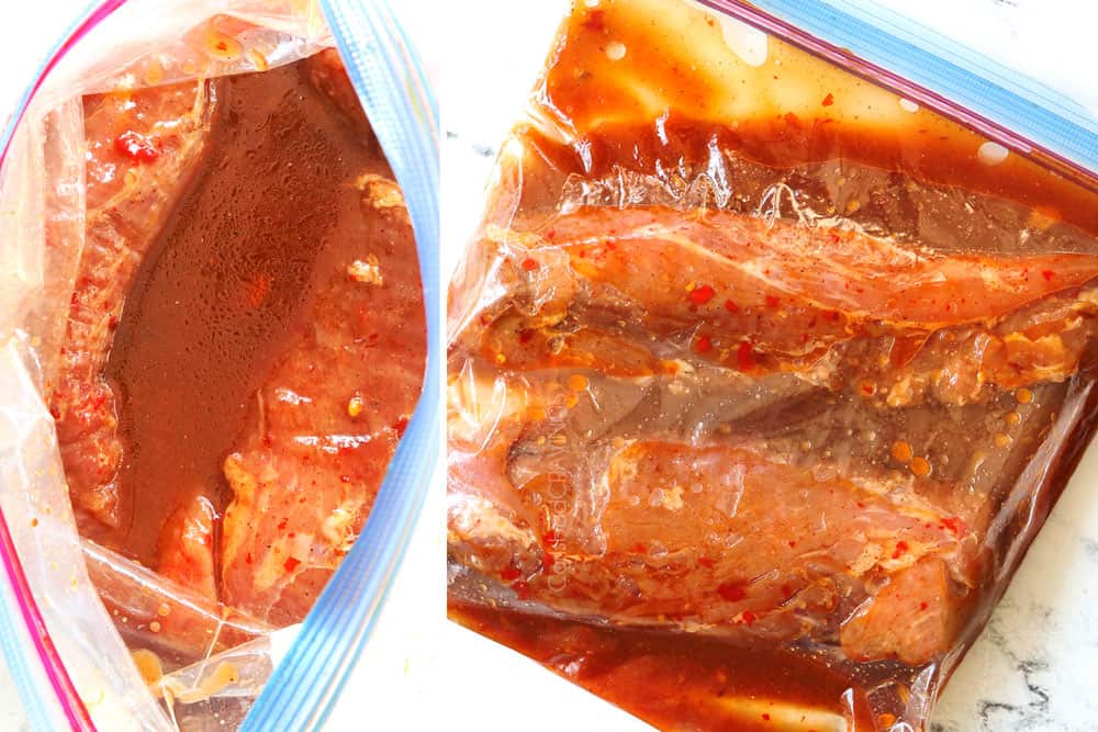 a collage showing how to make pork tenderloin marinade by adding marinade ingredients to a freezer bag and then adding the pork