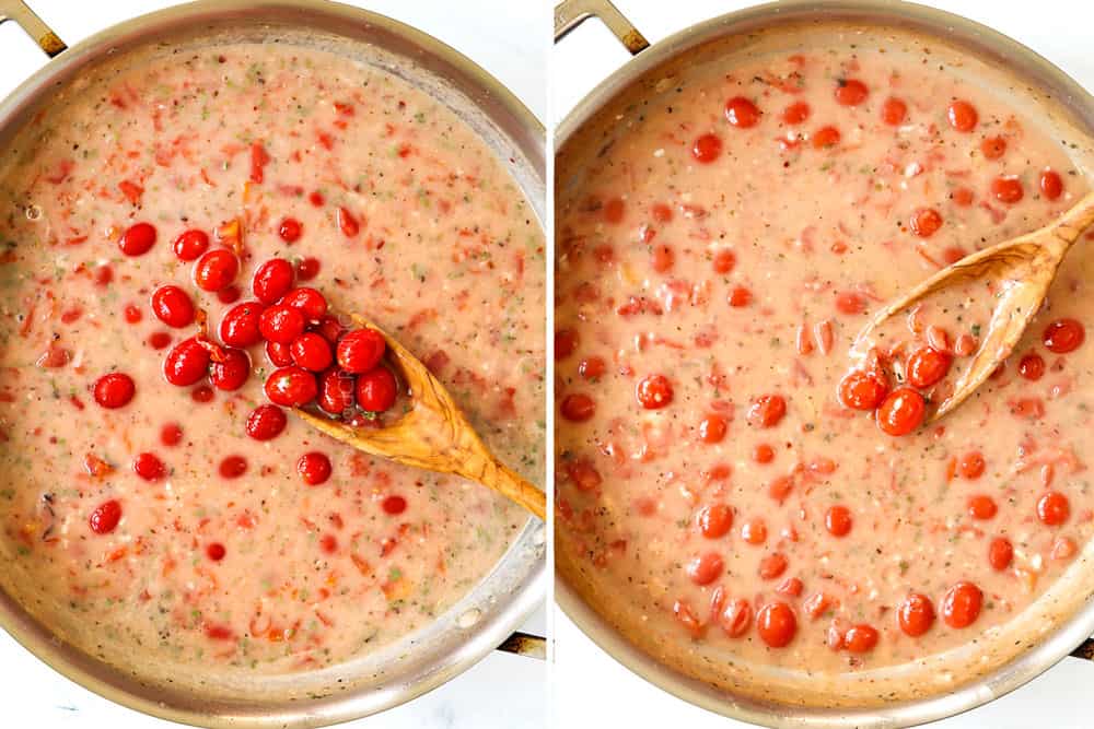 a collage showing how to make bacon pasta by adding cherry tomatoes and then simmer by thickening