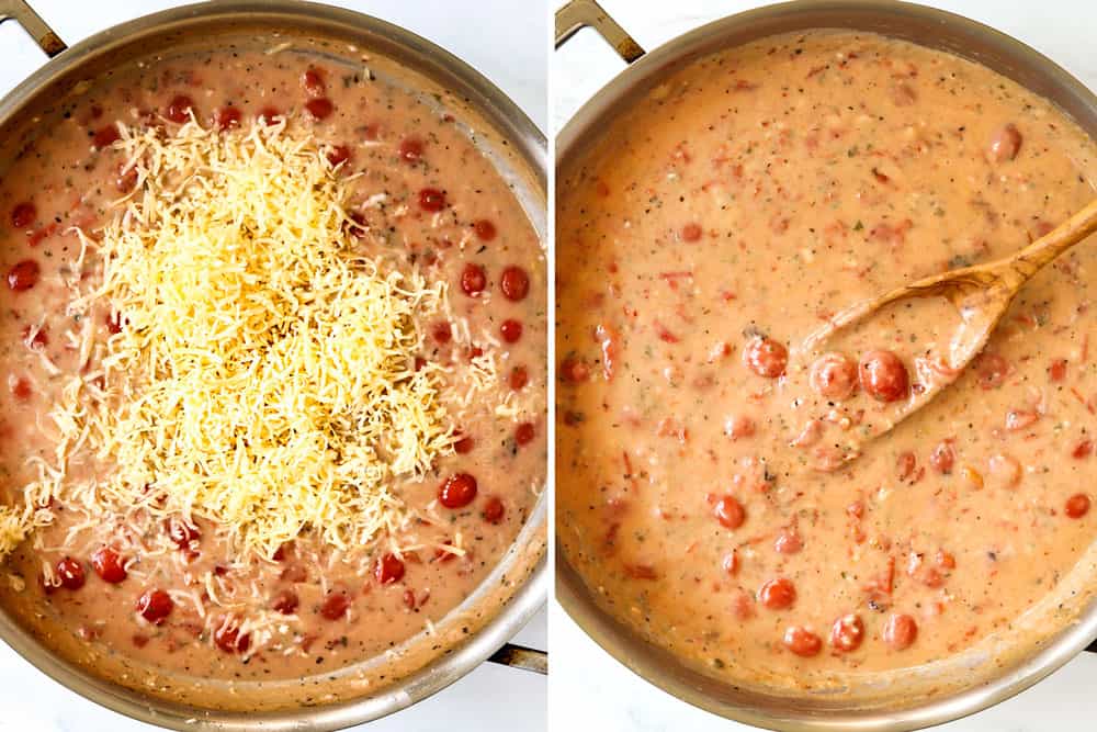a collage showing how to make bacon pasta by adding cheese then stirring to thicken