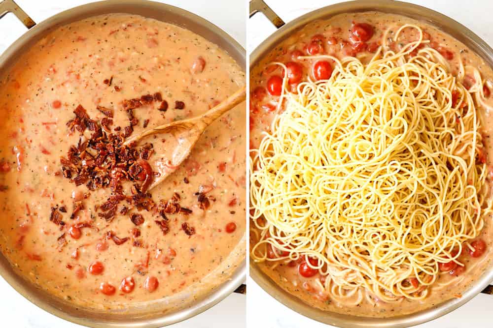 a collage showing how to make bacon pasta by adding bacon to the sauce, then stirring in the pasta