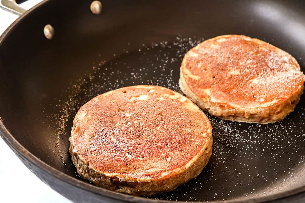 showing how to make cereal pancakes by cooking pancakes in a skillet until golden