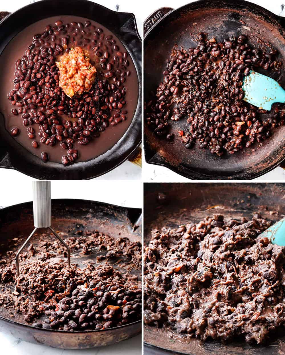 a collage showing how to make huevos ranvheros by 1) adding beans and salsa to a skillet, 2) simmering until beans are soft and liquid reduced, 3) mashing the beans 4) showing the creamy consistency