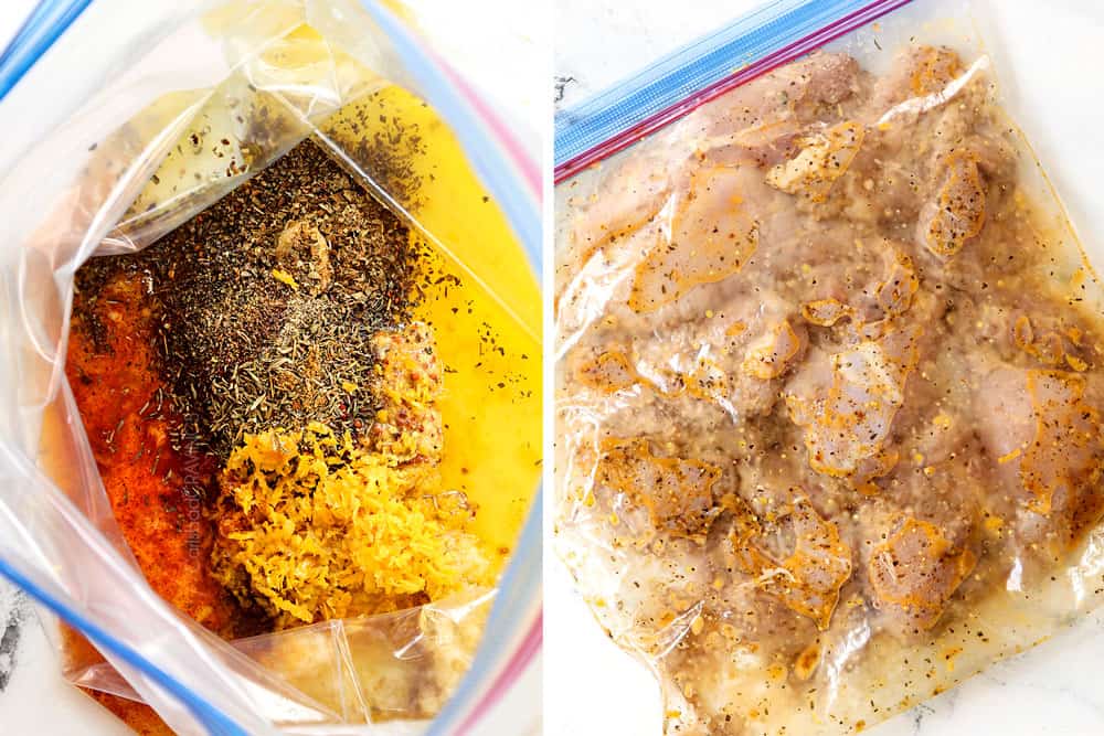 a collage showing how to make lemon garlic chicken recipe by adding marinade ingredients to a bag and then adding chicken thighs