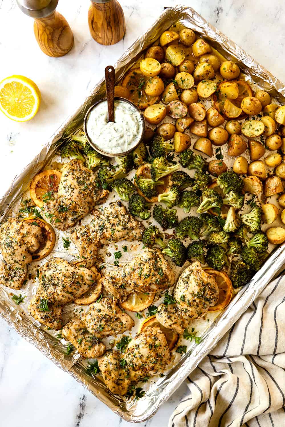 Lemon-Roasted Potatoes, Chicken and Spinach with Tzatziki