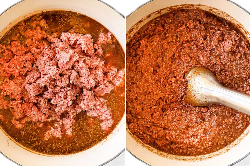 a collage showing how to make Cincinnati Chili recipe by adding ground beef to the pot then mincing it with an immersion blender