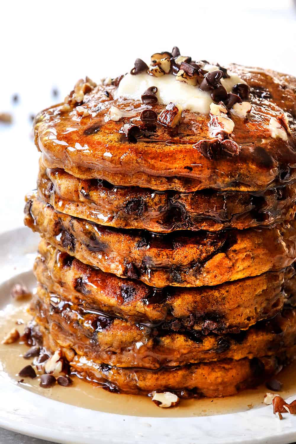 up close of a stack of pumpkin pancake recipe