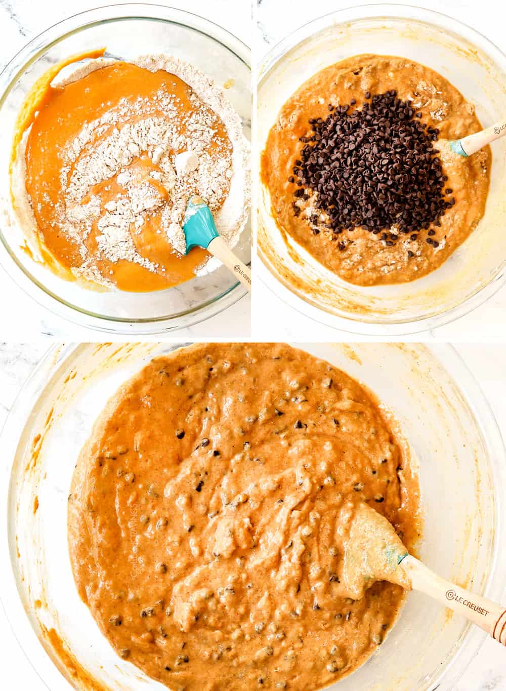 a collage showing how to make pumpkin pancake recipe by whisking dry ingredients into pumpkin ingredients, adding chocolate chips, then mixing the batter with the chocolate chips