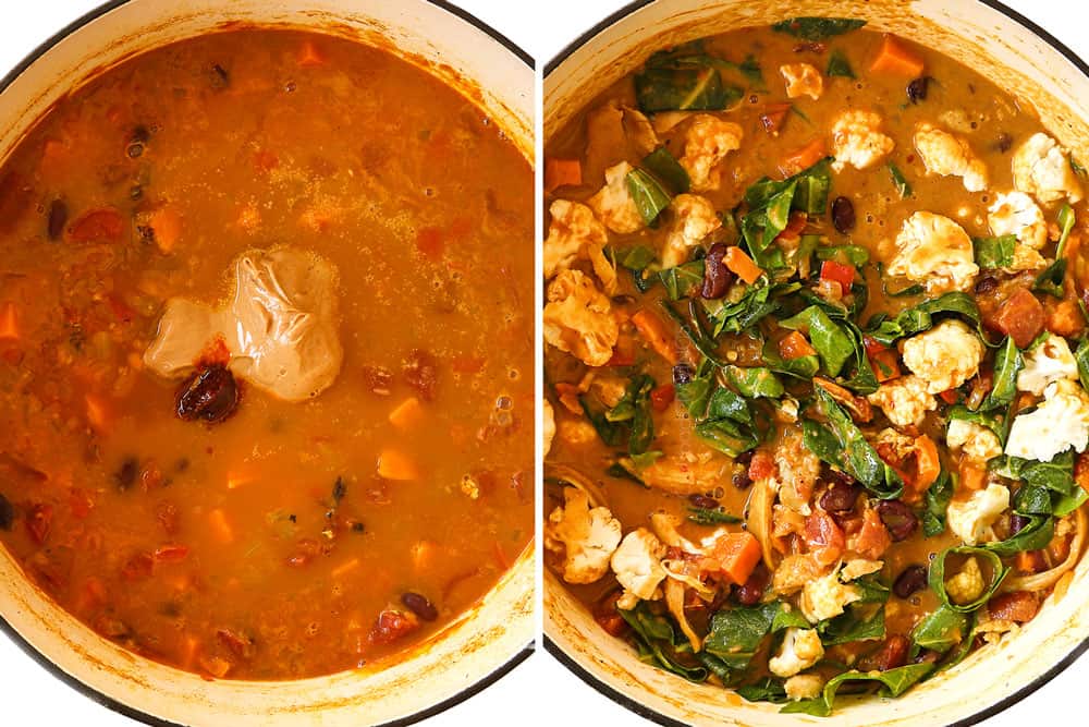 a collage showing how to make African Peanut Stew by adding peanut butter and harissa to the soup, followed by collard greens
