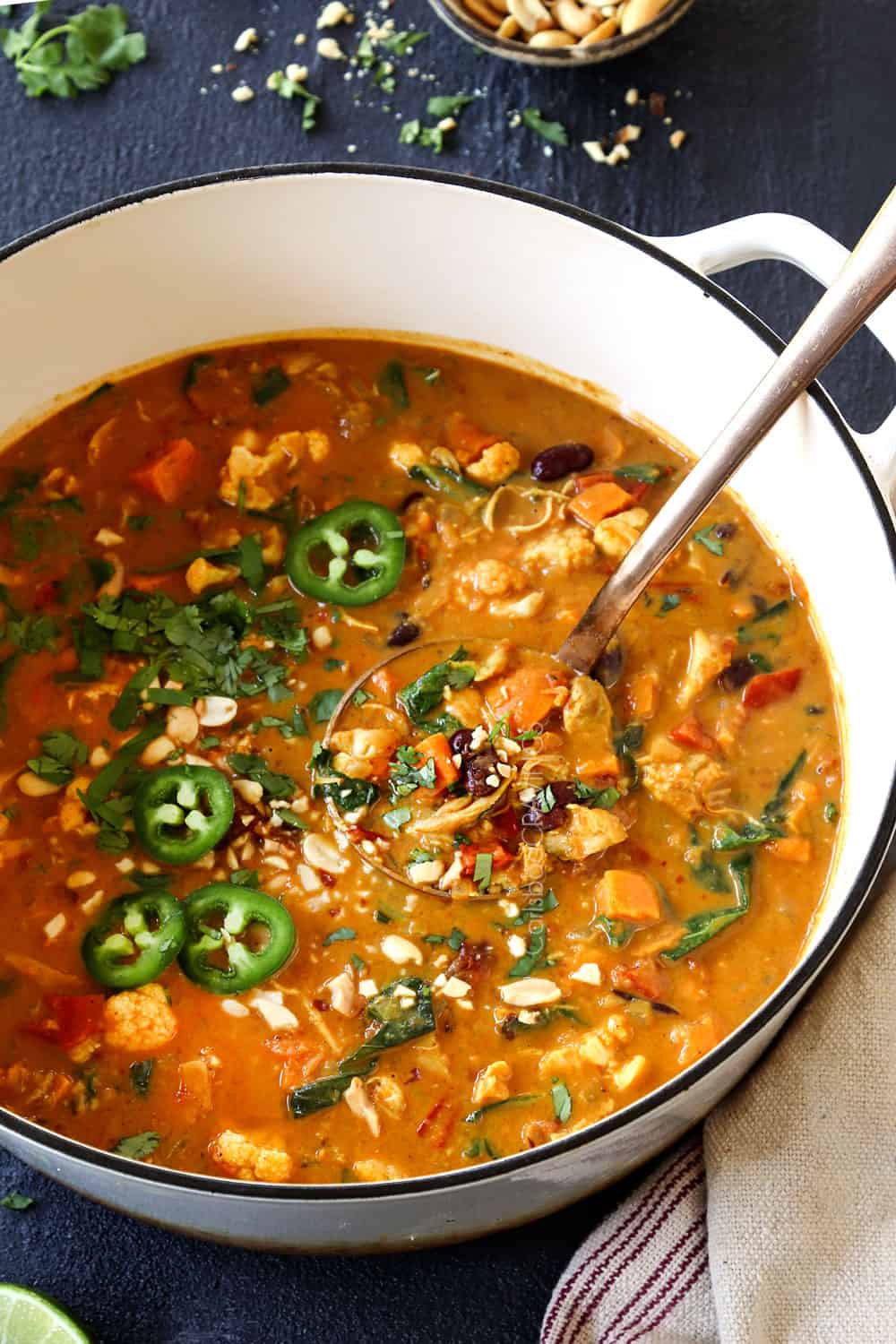 African Peanut Stew in a soup pot with chicken
