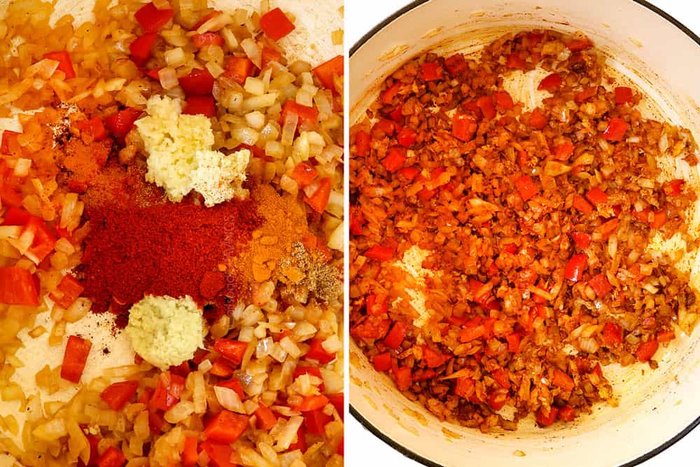 a collage showing how to make African Peanut Stew by sautéing onions, garlic, ginger, and spices together