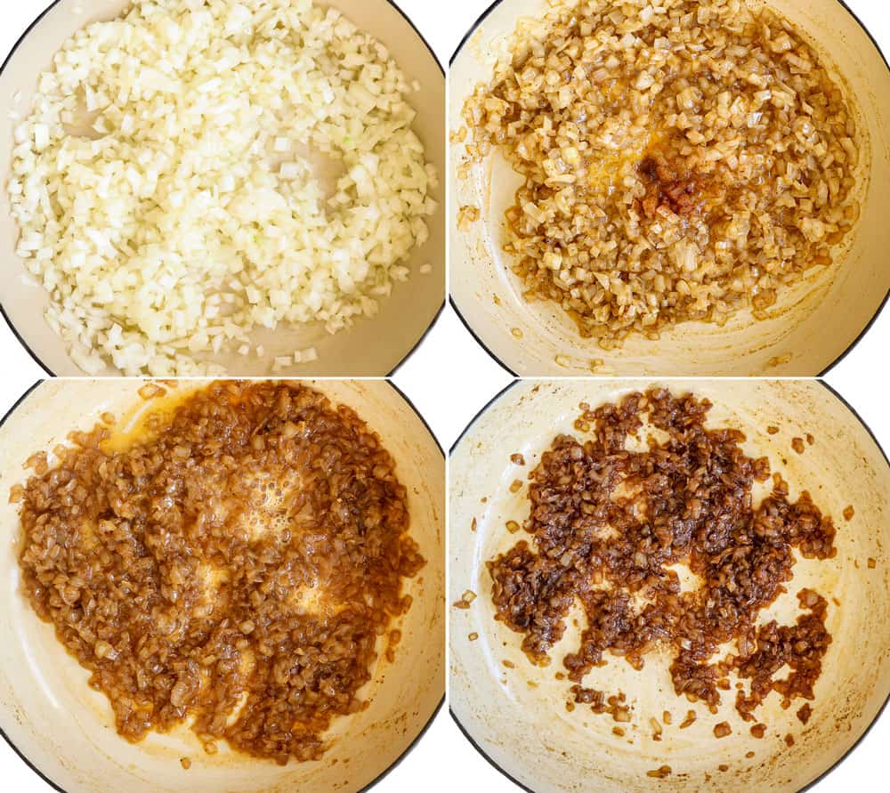a collage showing how to make French Onion Soup Dip by caramelizing onions until deeply golden